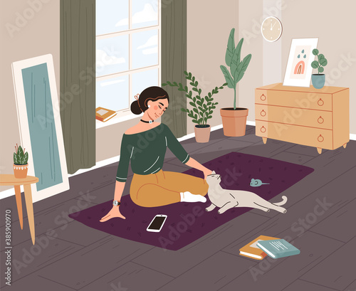 Smiling woman sitting on the floor, resting and stroking a white cat. Character in a cozy room in house with a pet. Vector illustration in cartoon style.