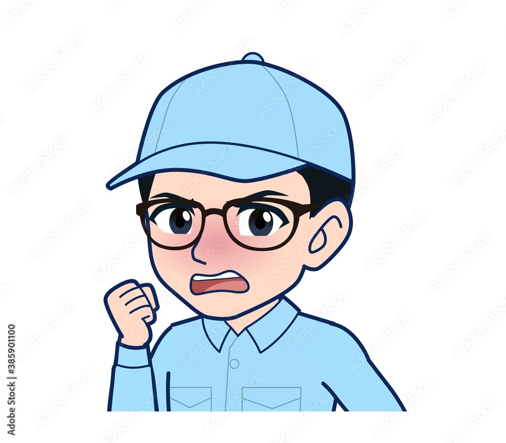 Young man in light blue work clothes Young man in light blue work clothes