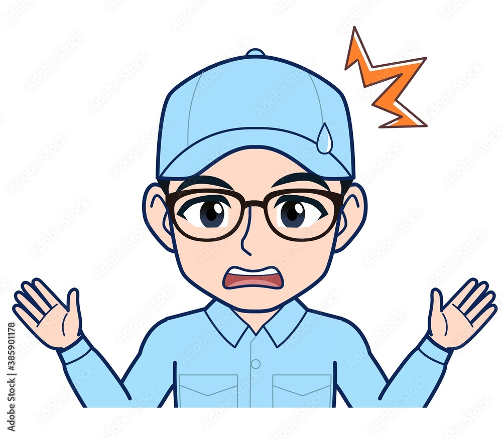 Young man in light blue work clothes Young man in light blue work clothes