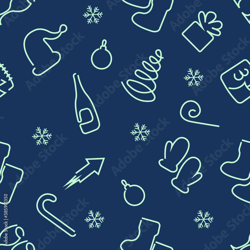 Seamless pattern Christmas theme with seige flowers, glasses, champagne, mittens, boots, toys, trees, firecrackers, gifts for various decorations of Christmas gifts and surprises. Isolated vector