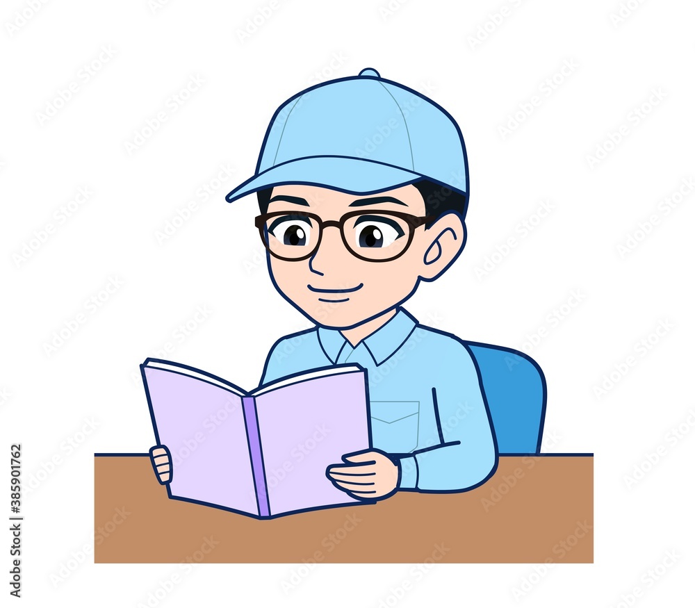 Young man in light blue work clothes Young man in light blue work clothes