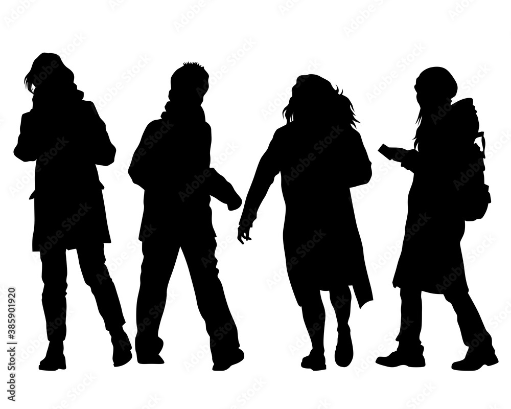Crowds people walking on street. Isolated silhouette on a white background