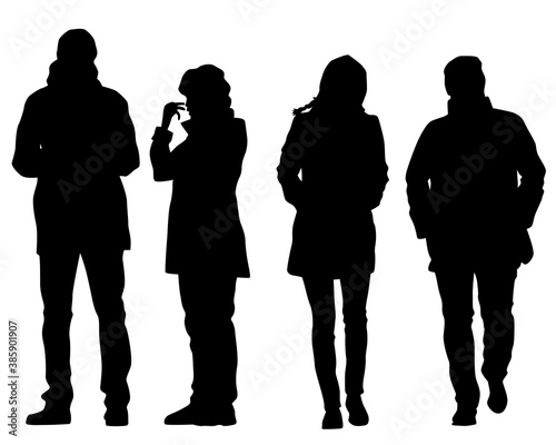 Crowds people walking on street. Isolated silhouette on a white background