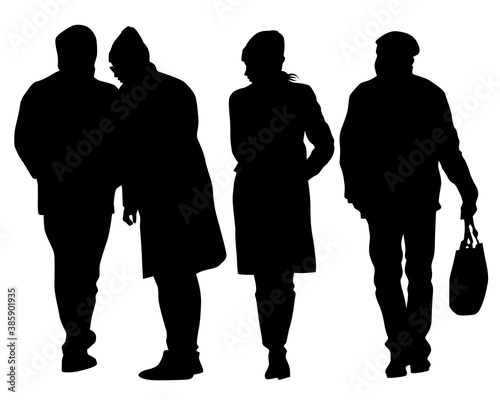 Crowds people walking on street. Isolated silhouette on a white background