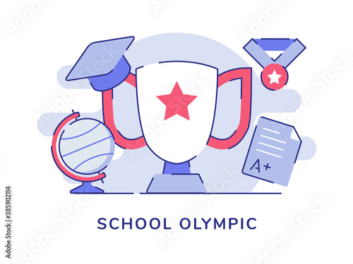 School olympic concept trophy globe medal hat exam result white isolated background with flat outline style