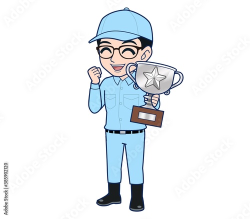 Young man in light blue work clothes