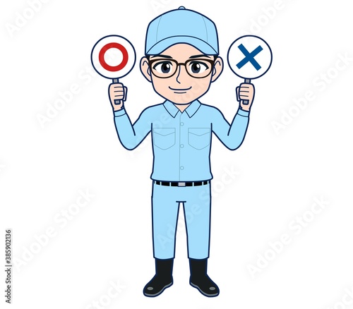 Young man in light blue work clothes