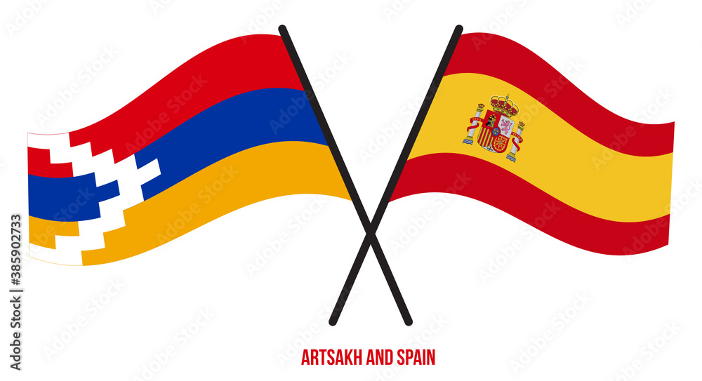 Artsakh and Spain Flags Crossed And Waving Flat Style. Official Proportion. Correct Colors. Artsakh and Spain Flags Crossed And Waving Flat Style. Official Proportion. Correct Colors.
