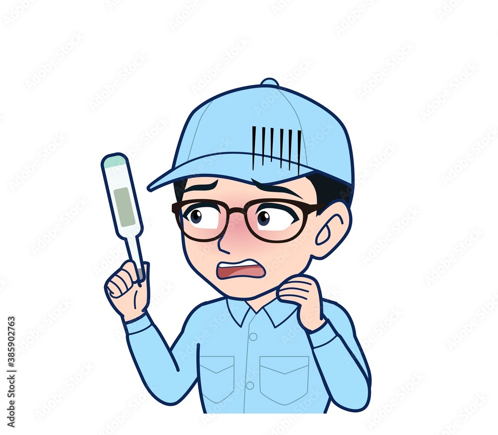 Young man in light blue work clothes Young man in light blue work clothes