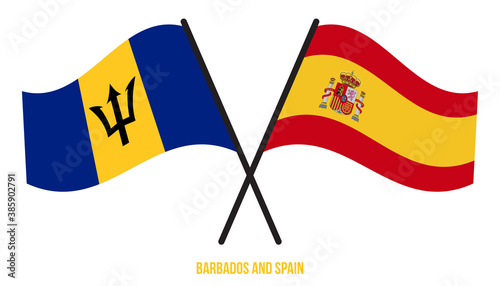 Barbados and Spain Flags Crossed And Waving Flat Style. Official Proportion. Correct Colors.