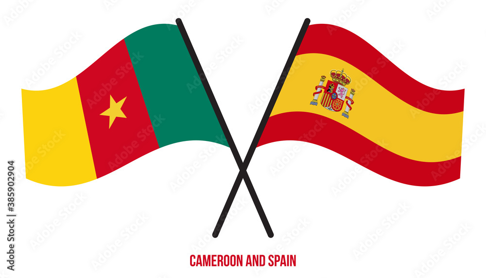 Cameroon and Spain Flags Crossed And Waving Flat Style. Official Proportion. Correct Colors. Cameroon and Spain Flags Crossed And Waving Flat Style. Official Proportion. Correct Colors.