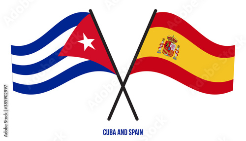 Cuba and Spain Flags Crossed And Waving Flat Style. Official Proportion. Correct Colors.