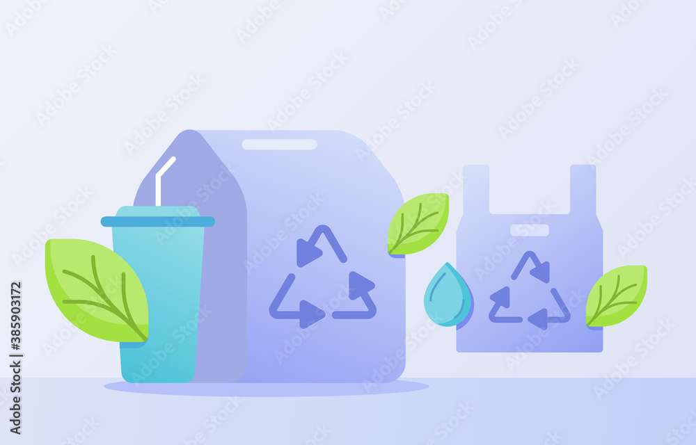 Recycling food packaging drink cup plastic green leaf drop water white isolated background with flat style Recycling food packaging drink cup plastic green leaf drop water white isolated background with flat style