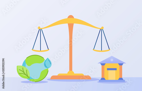 Ecological law concept balance scale earth drop water green leaf court white isolated background with flat style