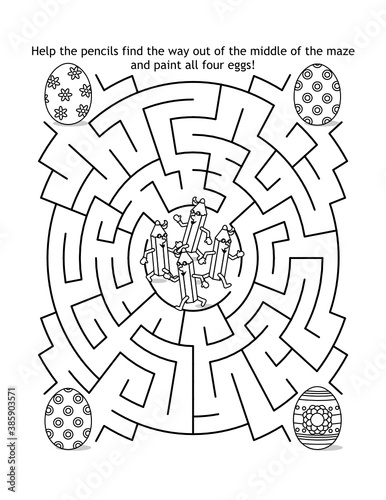 Maze game and coloring page for kids: Help the pencils find the way out of the middle of the maze and paint all the eggs!
