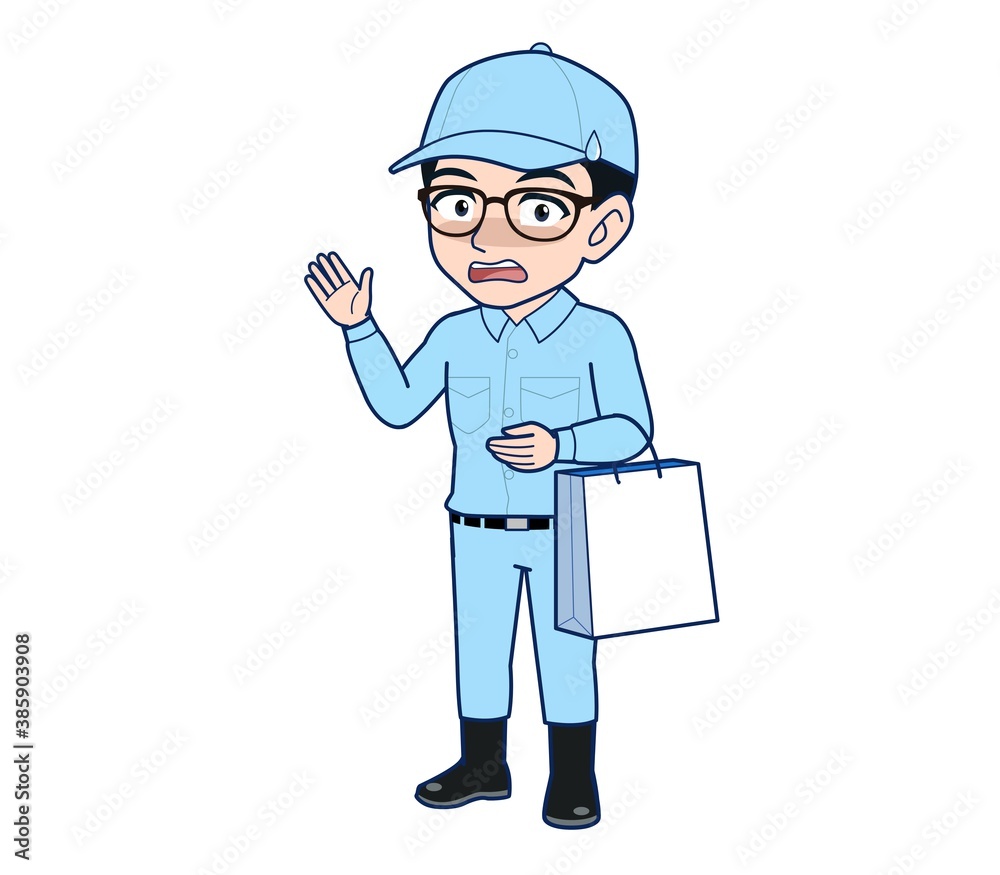 Young man in light blue work clothes Young man in light blue work clothes