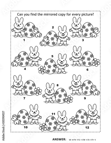 Visual puzzle and coloring page with Easter bunny and painted egg  Try to find mirrored copy for every picture. Answer included. 
