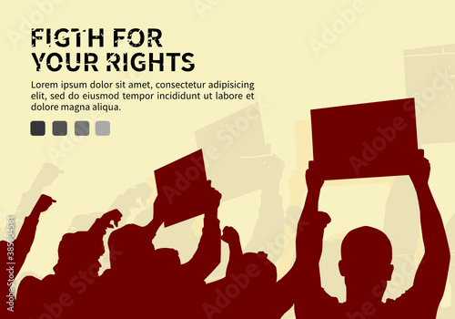 Silhouette of demonstrators protest with flags and banners. Riot protesting crowd vector