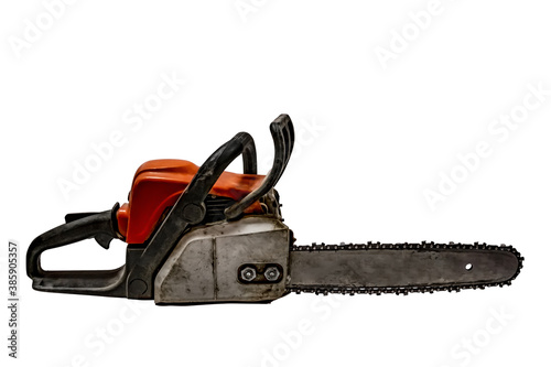 Quadro su tela Clipart of old dirty working chainsaw isolated on white background