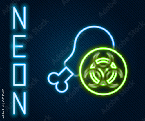 Glowing neon line Gmo research chicken icon isolated on black background. Syringe being injected to chicken. Colorful outline concept. Vector.