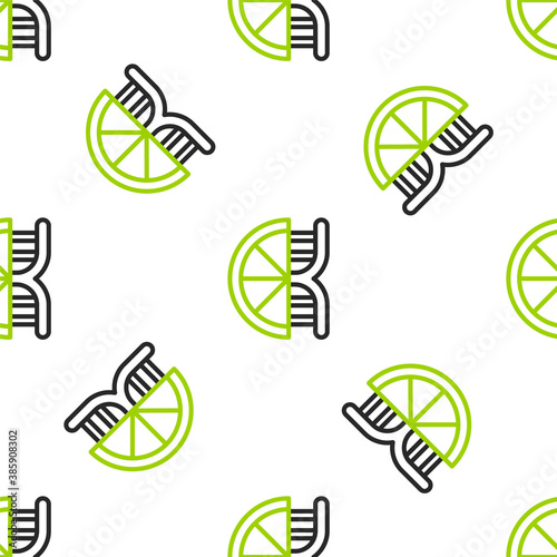 Line Genetically modified citrus fruit icon isolated seamless pattern on white background. Orange in a cut. Healthy lifestyle. GMO fruit. Vector.