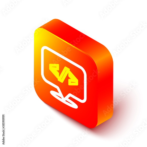 Isometric line Web design and front end development icon isolated on white background. Orange square button. Vector.
