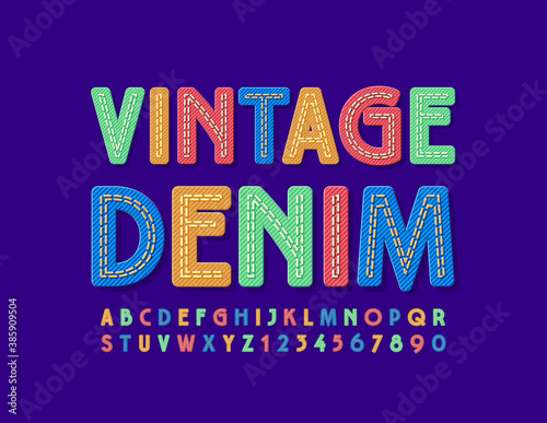 Vector Vintage Denim stylish Font. Trendy colorful Alphabet. Bright Jeans Letters and Numbers set