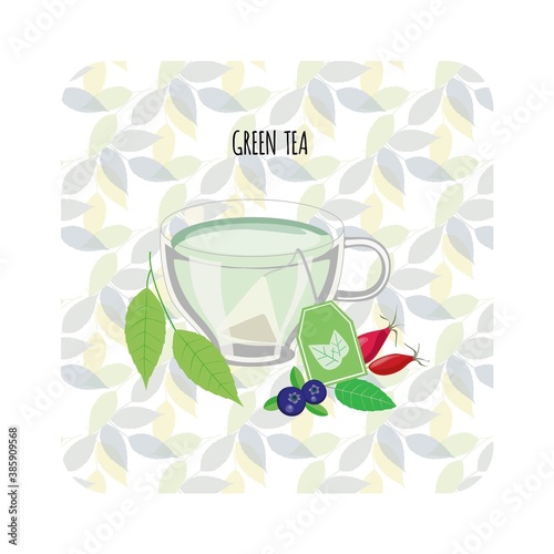 vector illustration of a cup of green herbal fruit tea bag with berries and tea leaves
