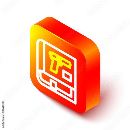 Isometric line Book with pistol or gun icon isolated on white background. Police or military handgun. Small firearm. Weapon catalog. Orange square button. Vector.