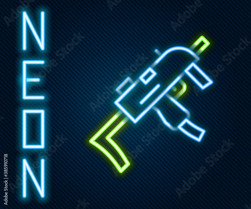 Glowing neon line MP9 submachine gun icon isolated on black background. Automatic weapon. Colorful outline concept. Vector.
