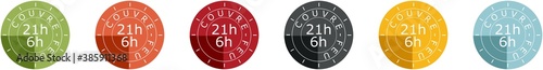 Colored icons of the curfew between 21h and 6h in the morning because of Covid-19 with written in French "couvre feu" :curfew