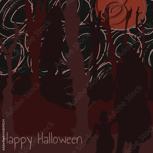 Dark shadowed of dead tree with a woman and a pair of mother and her child walking in night background filled with twilight shadow under the red moon for Halloween theme