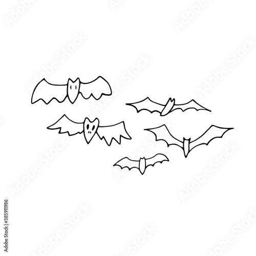 Doodle bats set. Hand drawn creepy winged animals isolated on white background. Outline flittermouse flock. Collection for Halloween, print, autumn holidays, scary childish design. Vector illustration
