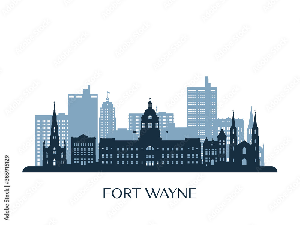 Fort Wayne skyline, monochrome silhouette. Vector illustration.