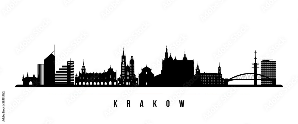 Krakow skyline horizontal banner. Black and white silhouette of Krakow City, Poland. Vector template for your design.