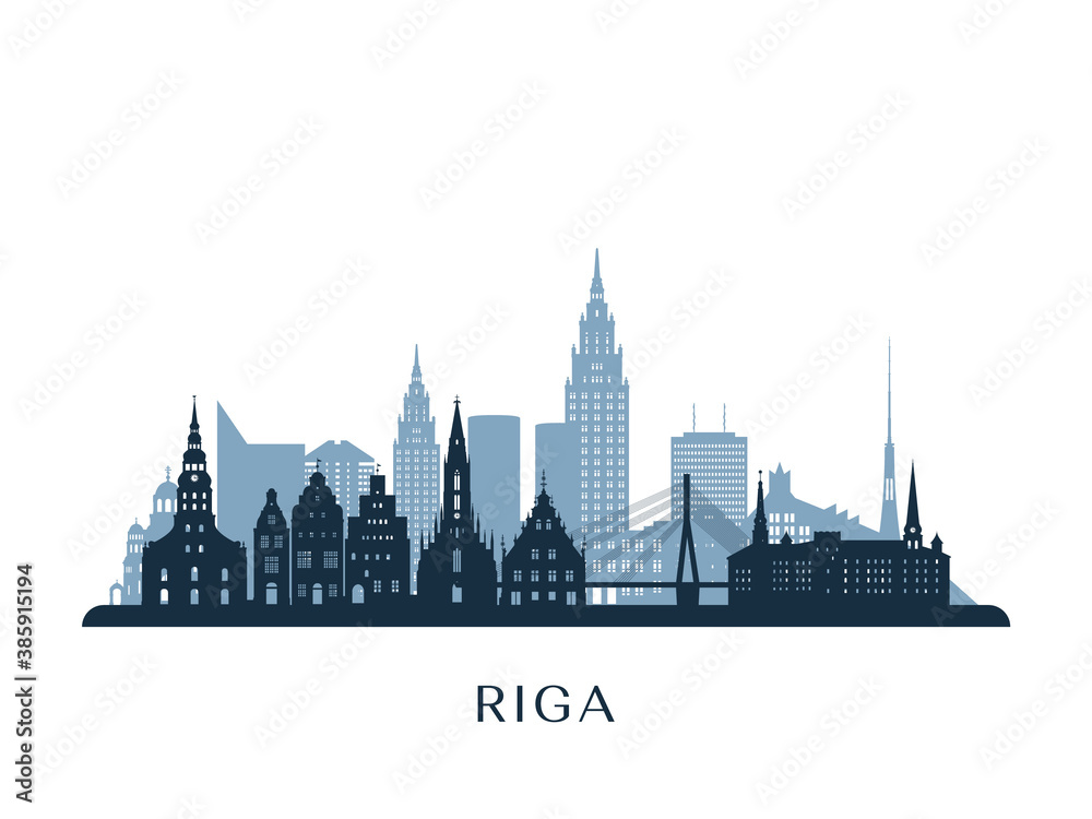 Riga skyline, monochrome silhouette. Vector illustration.