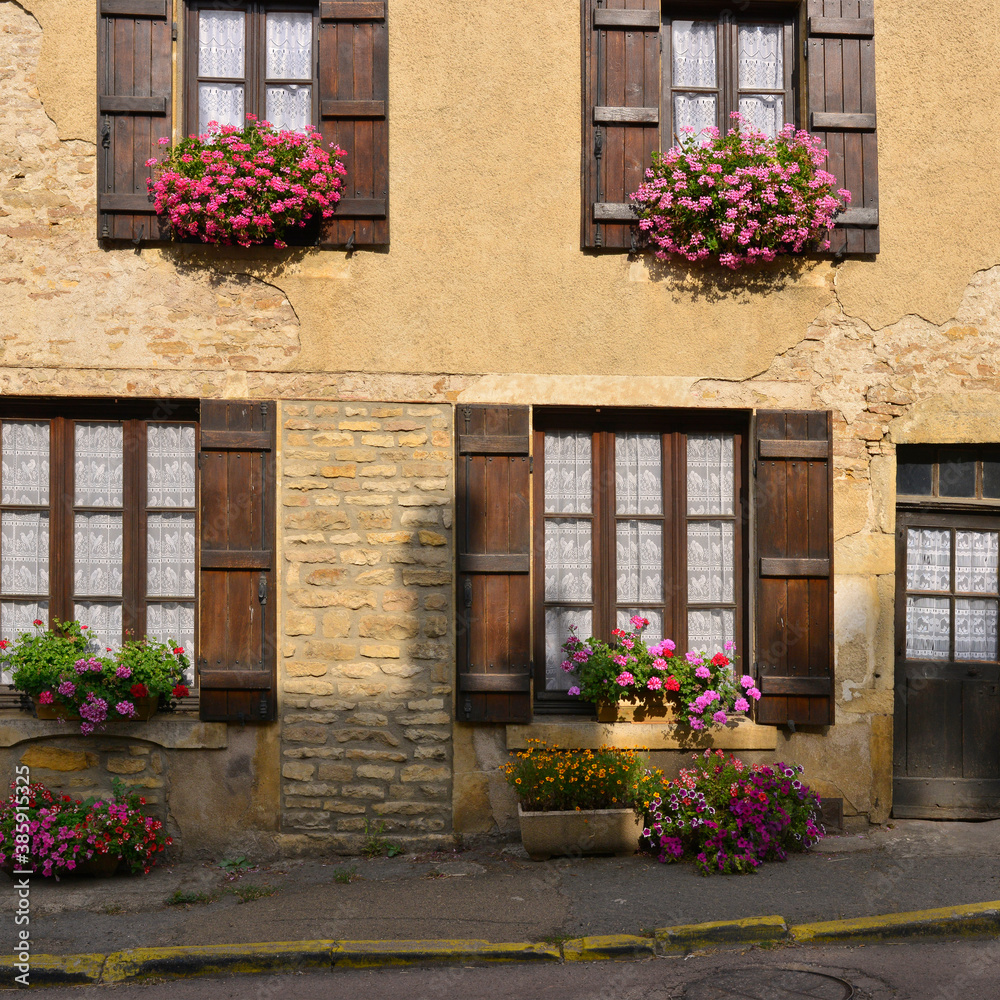 Carré vieille maison fleurie rue Saint Pierre à Vézelay (89450), Yonne en Bourgogne-Franche-Comté, France