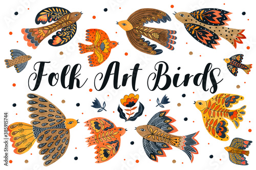 Watercolor set of birds drawn in folk art isolated on white background.