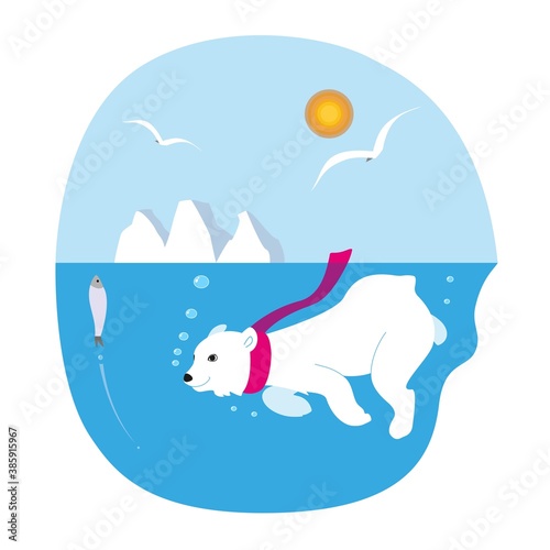 Vector illustration depicting a white polar bear in the water with fish, icebergs and seagulls. Winter illustration