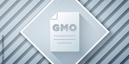 Paper cut GMO icon isolated on grey background. Genetically modified organism acronym. Dna food modification. Paper art style. Vector.