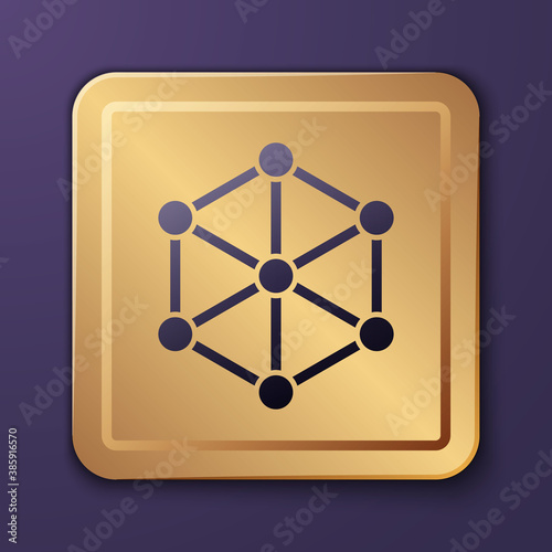 Purple GMO icon isolated on purple background. Genetically modified organism acronym. Dna food modification. Gold square button. Vector.