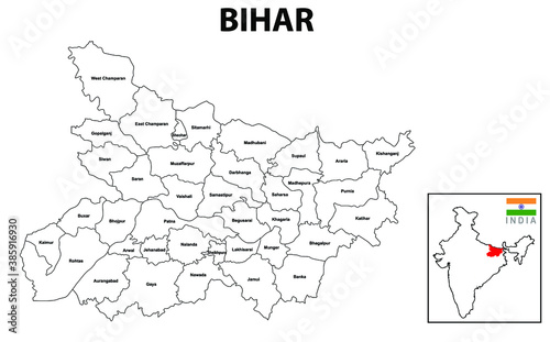 Bihar Map. Bihar District map. Bihar districts map with name labels. Bihar map 2020.