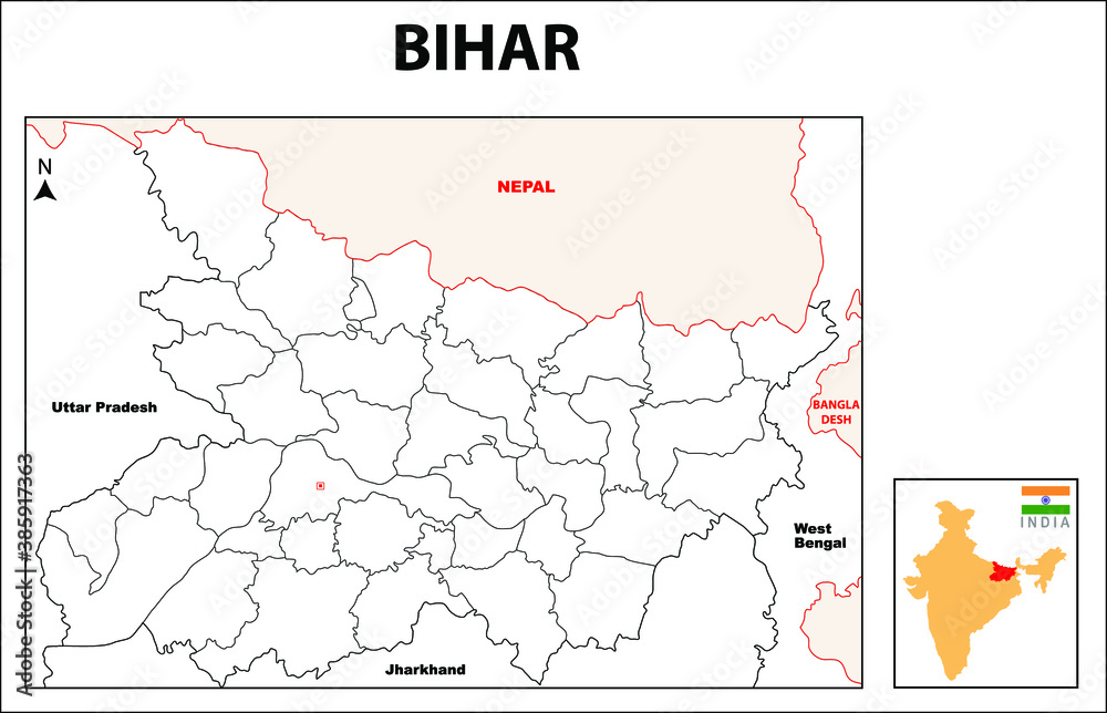 Bihar Map. Bihar District map. Bihar districts map with name labels in White background. Bihar district map with border in highligh color.
