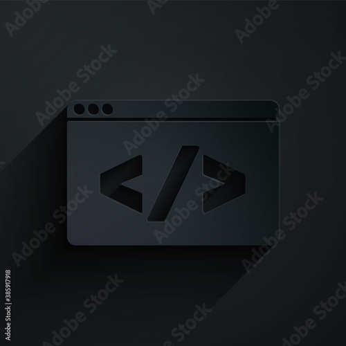 Paper cut Web design and front end development icon isolated on black background. Paper art style. Vector.
