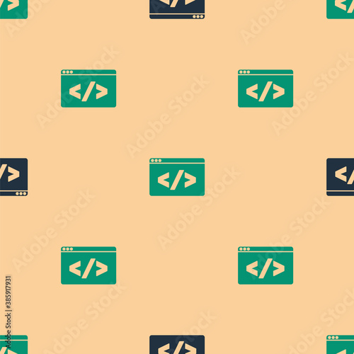 Green and black Web design and front end development icon isolated seamless pattern on beige background. Vector.