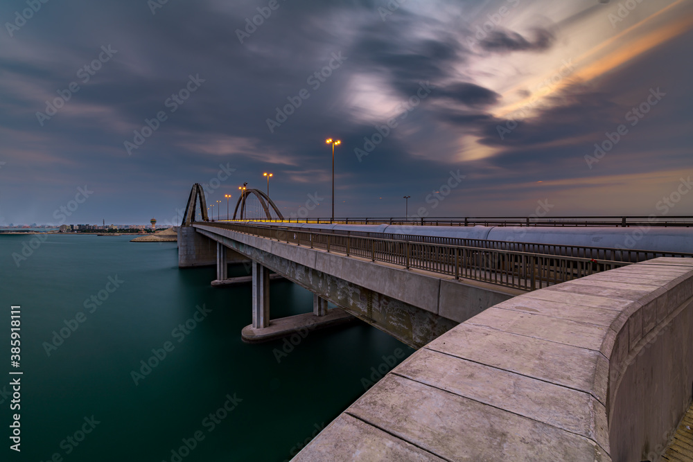 Hidd Bridge, Manama, Bahrain. Long exposure morning view from the side of the bridge