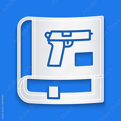 Paper cut Book with pistol or gun icon isolated on blue background. Police or military handgun. Small firearm. Weapon catalog. Paper art style. Vector.