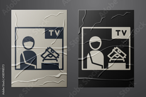 White Television advertising weapon icon isolated on crumpled paper background. Police or military handgun. Small firearm. Paper art style. Vector.