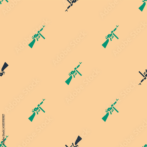 Green and black Thompson tommy submachine gun icon isolated seamless pattern on beige background. American submachine gun. Vector.
