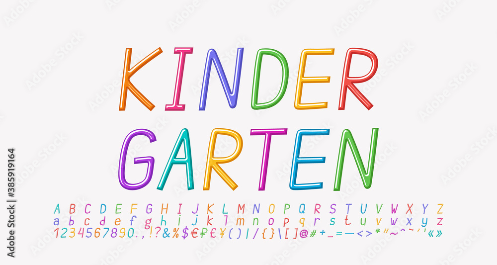 Multicolored cartoon Italic alphabet, thin linear font rainbow bright colors. Uppercase and lowercase letters, numbers, punctuation marks. Vector illustration